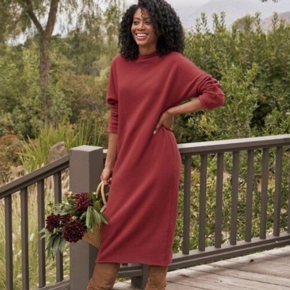 Frank & Eileen Isabelle Funnel‎ Neck Dress Cranberry Red Fleece Midi Medium